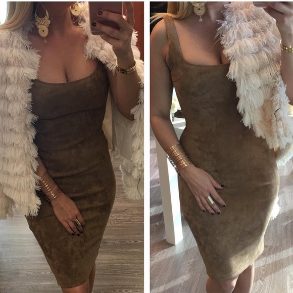 Luxxel Dresses & Skirts - Luxxel Olive Green Suede low cut body-con dress M